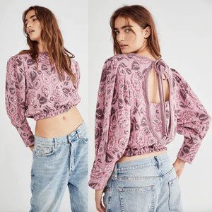 NEW Free People No Ordinary Floral Jacquard Knit Puff Sleeves Top Pink $128 S